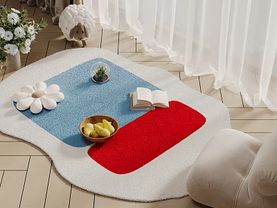 Shaped Rug Blue Red White With Flower Cushion Potted Plant Book Fruit Bowl Living Room 3d model