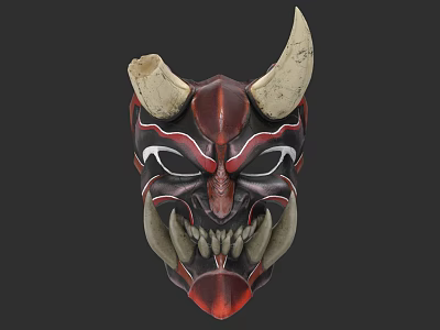 Game Movie Character Mythical Warrior Mask With Horns Fangs Red Black Design 3d model