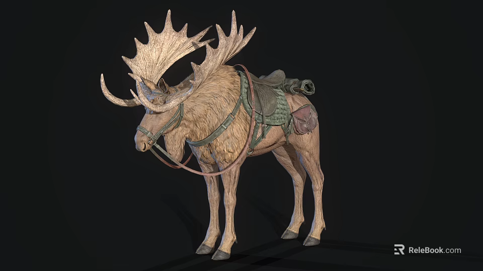 Moose With Large Antlers And Saddle Gear Standing With Detailed Fur Texture 3d model 
