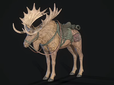 Moose With Large Antlers And Saddle Gear Standing With Detailed Fur Texture 3d model