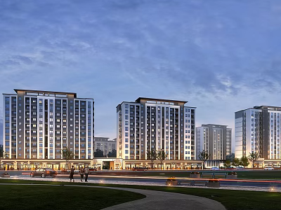 Modern High Rise Residential Buildings at Twilight With Lawn Path And Pedestrians 3d model