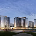 Modern High Rise Residential Buildings at Twilight With Lawn Path And Pedestrians