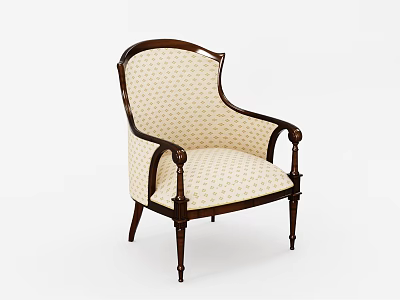 Classical Armchair With Dark Wooden Carved Frame And Cream Gold Dots Pattern Fabric 3d model