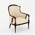 Classical Armchair With Dark Wooden Carved Frame And Cream Gold Dots Pattern Fabric