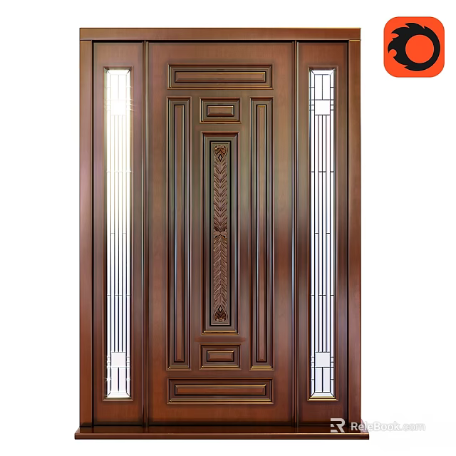 Dark Brown Wooden Swing Door With Intricate Carvings And Side Glass Panels 3d model 