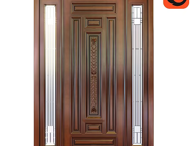 Dark Brown Wooden Swing Door With Intricate Carvings And Side Glass Panels 3d model