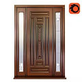 Dark Brown Wooden Swing Door With Intricate Carvings And Side Glass Panels