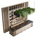 Modern Bar Counter With Wine Racks Hanging Green Plants And Wooden Cabinets