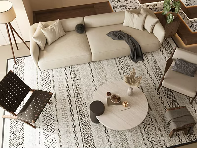 Beige Sofa and Round Coffee Table Set with Stylish Pillows Blanket Patterned Rug Accent Chairs 3d model