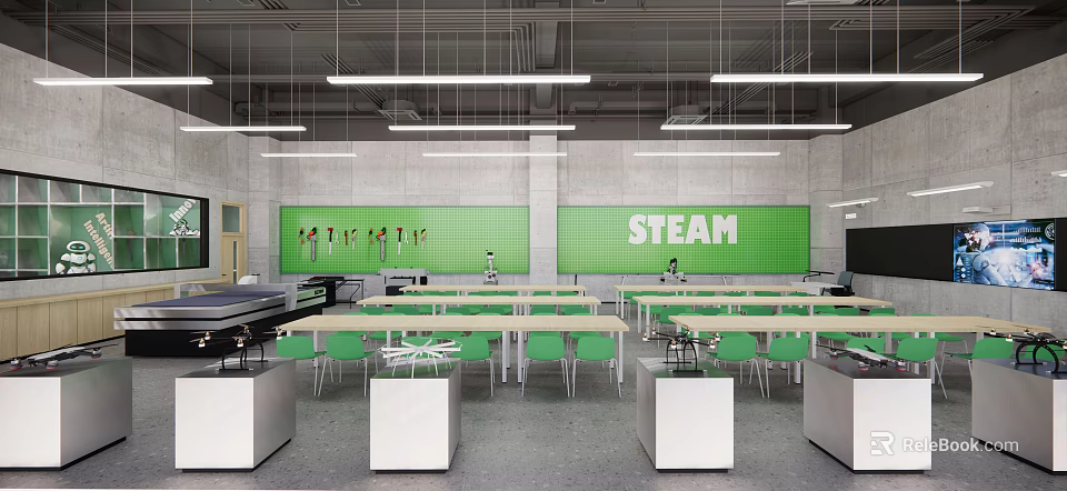 School Spacious Modern STEAM Classroom With Green Walls Tables And Equipment 3d model 