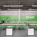 School Spacious Modern STEAM Classroom With Green Walls Tables And Equipment