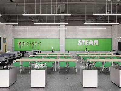 School Spacious Modern STEAM Classroom With Green Walls Tables And Equipment 3d model