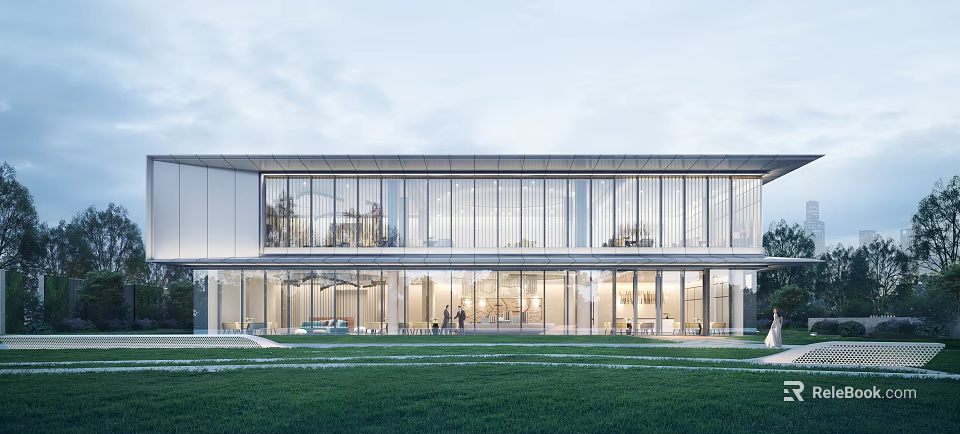 Modern Sales Office Building With Glass Facade And Lawn 3d model 