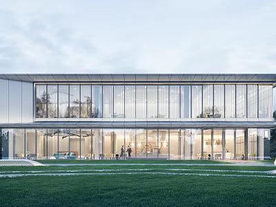 Modern Sales Office Building With Glass Facade And Lawn 3d model
