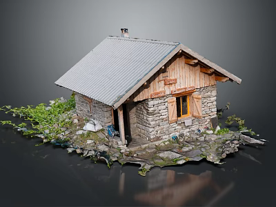 Rustic Wooden Cabin With Stone Walls Corrugated Metal Roof Wooden Framed Window And Greenery Rocks 3d model