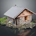 Rustic Wooden Cabin With Stone Walls Corrugated Metal Roof Wooden Framed Window And Greenery Rocks