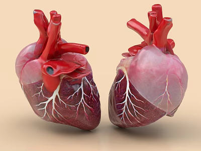 Anatomical Style Heart Model Decorative Ornament Set With Red Pink Vascular Texture On Beige Background 3d model