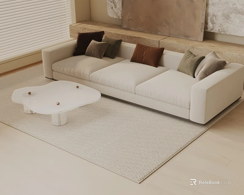 Beige Three-Seater Sofa With Decorative Cushions On Textured Rug And White Coffee Table 3d model 