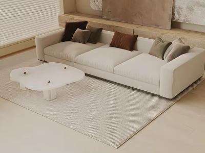 Beige Three-Seater Sofa With Decorative Cushions On Textured Rug And White Coffee Table 3d model