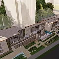 Illuminated Modern Commercial Street With Glass Facades Tall Buildings Greenery And Pedestrians