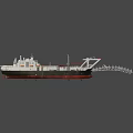 White And Black Hull Crane Ship With Red Long Boom Structure And Deck Equipment