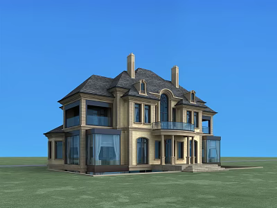 Two Story European Style Detached Villa With Beige Exterior Large Windows And Balcony 3d model
