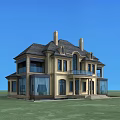 Two Story European Style Detached Villa With Beige Exterior Large Windows And Balcony