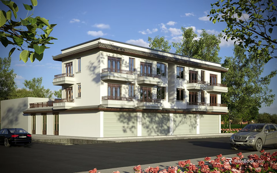 Two Story Detached Villa Featuring Light Colored Exterior Balconies Windows And Tree Lined Driveway 3d model 