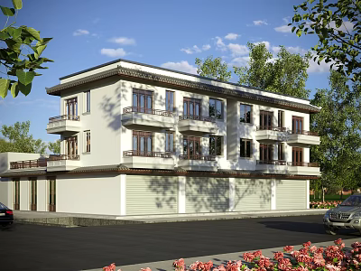 Two Story Detached Villa Featuring Light Colored Exterior Balconies Windows And Tree Lined Driveway 3d model