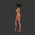 Woman In Green Bikini Posing With Hand On Head Against Grey Background