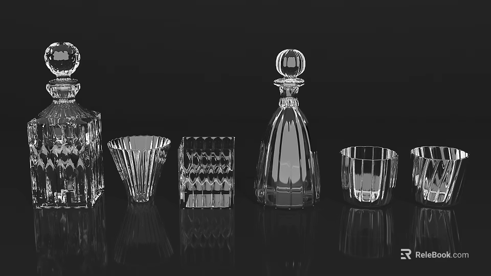 Transparent Glass Cups With Different Shapes Arranged On Black Background 3d model 