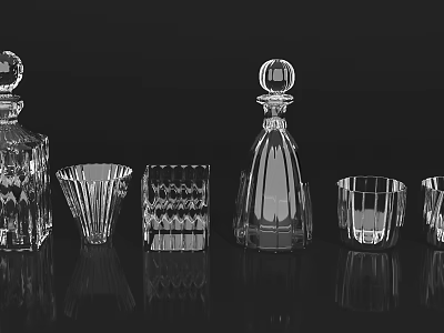 Transparent Glass Cups With Different Shapes Arranged On Black Background 3d model