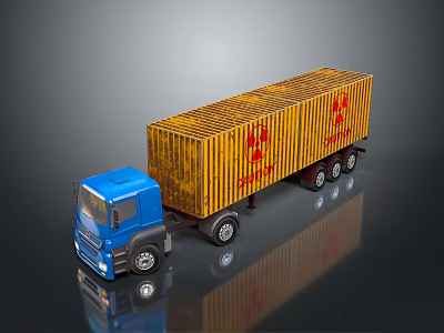 Blue Cab Yellow Cargo Container Truck With Red Logo On Reflective Surface 3d model