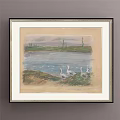 Scenic Landscape Painting with Leafless Trees River and Distant Rural View