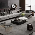 Modern Living Room Interior Featuring Gray Sofa And Marble Top Coffee Table Set 3d model