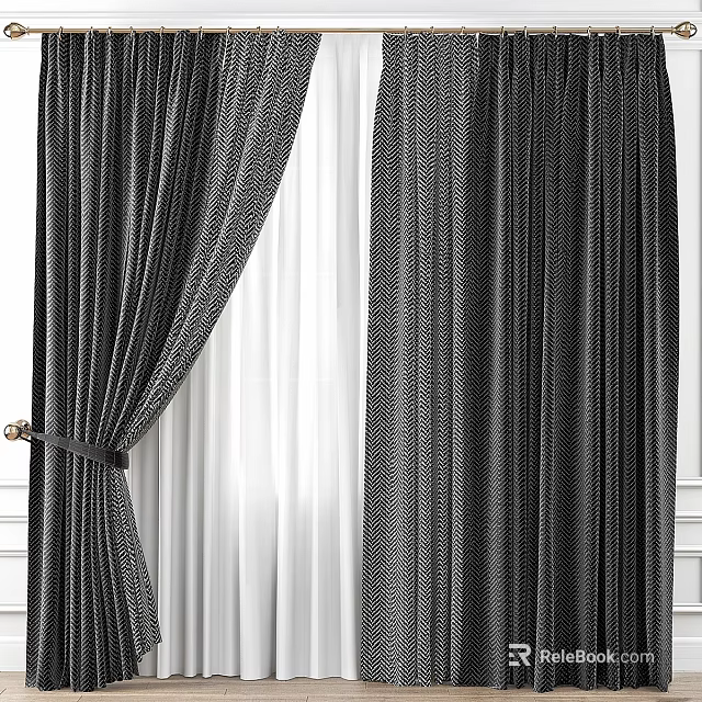 Modern Gray Textured Curtains With White Sheer Lining And Tied Back Design 3d model 