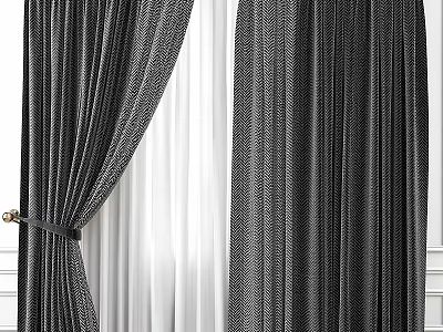 Modern Gray Textured Curtains With White Sheer Lining And Tied Back Design 3d model