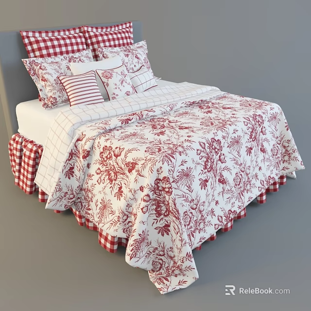 Red and White Plaid Double Bed with Floral Quilt Pillowcases and Bed Skirt 3d model 