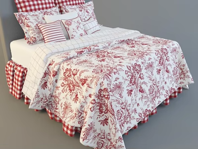 Red and White Plaid Double Bed with Floral Quilt Pillowcases and Bed Skirt 3d model