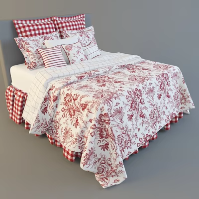Red and White Plaid Double Bed with Floral Quilt Pillowcases and Bed Skirt 3d model