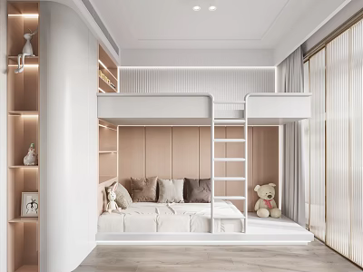 Modern Kids Bedroom With Bunk Bed Cozy Decor And Storage Shelves 3d model