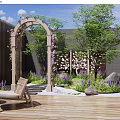 Courtyard Garden with Wooden Arch Carved Leaf Screen Green Trees Purple Flowers Stones Wooden Seating
