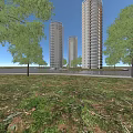 Tall High Rise Residential Buildings With Modern Design Surrounded By Green Trees Against Blue Sky