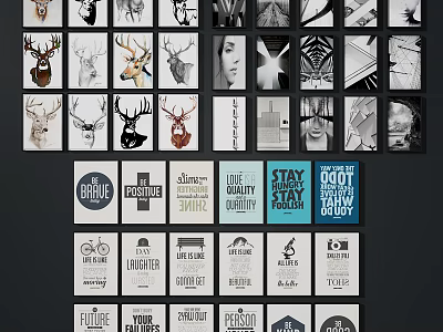 Creative Poster and Artwork Collection Displayed on Wall with Various Designs 3d model