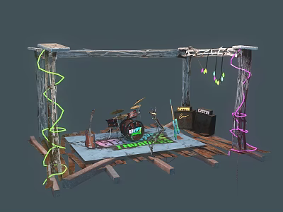 Wooden Frame Stage Setup With Neon Lights Drums Microphone Stand And FUTURE Gear 3d model
