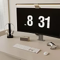Computer Desktop Setup With Monitor Time Display Keyboard Mouse Game Controller Headphones And Desk Lamp