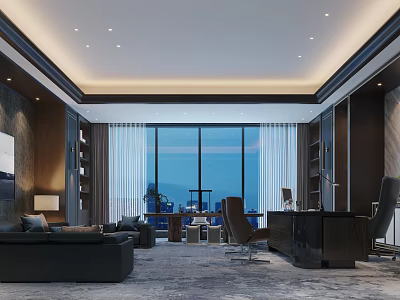Modern Office Interior Design With Large Windows Sofa Desk And Bookshelves 3d model