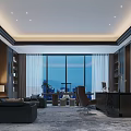 Modern Office Interior Design With Large Windows Sofa Desk And Bookshelves