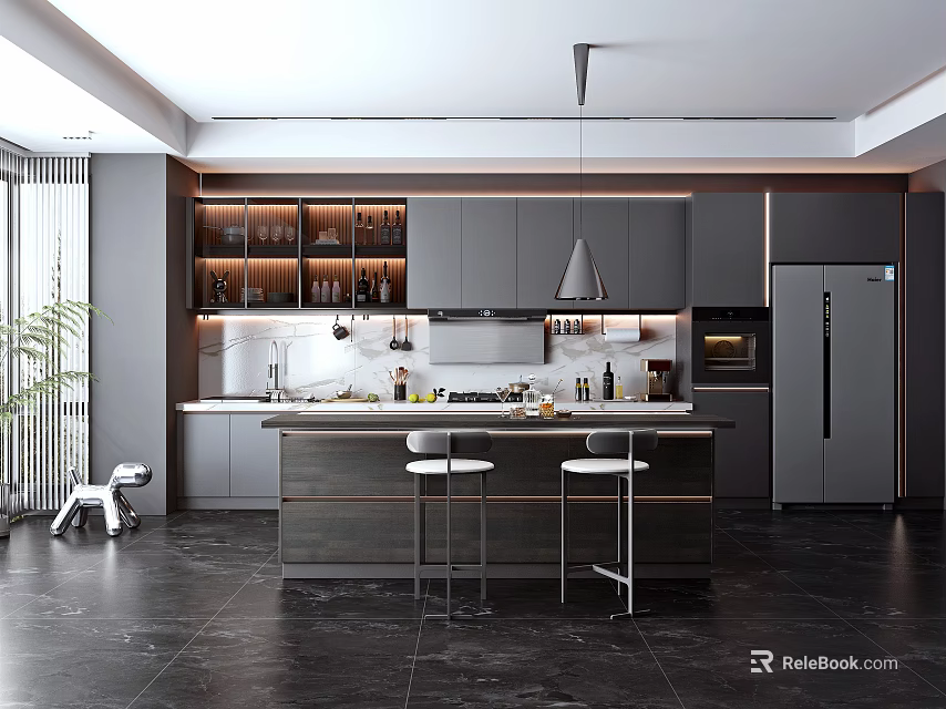 Modern Kitchen Interior With Gray Cabinets Island Stools Dark Flooring And Appliances 3d model 