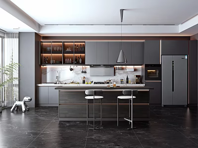 Modern Kitchen Interior With Gray Cabinets Island Stools Dark Flooring And Appliances 3d model
